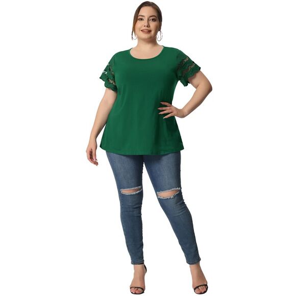 Women's Plus Size Tops Lace Panel Short Sleeve Top Dark Green - Picture 3 of 6